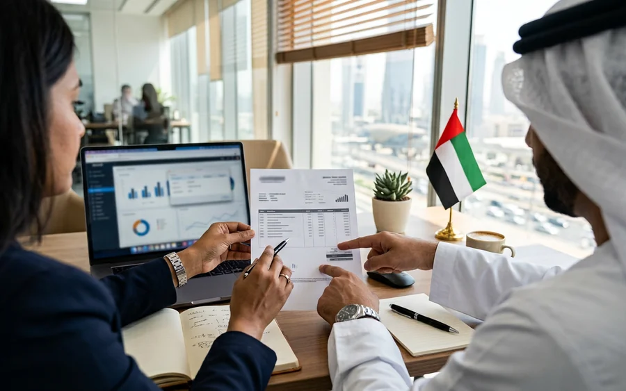 A telecom advisor and client reviewing a phone bill together in a Dubai office