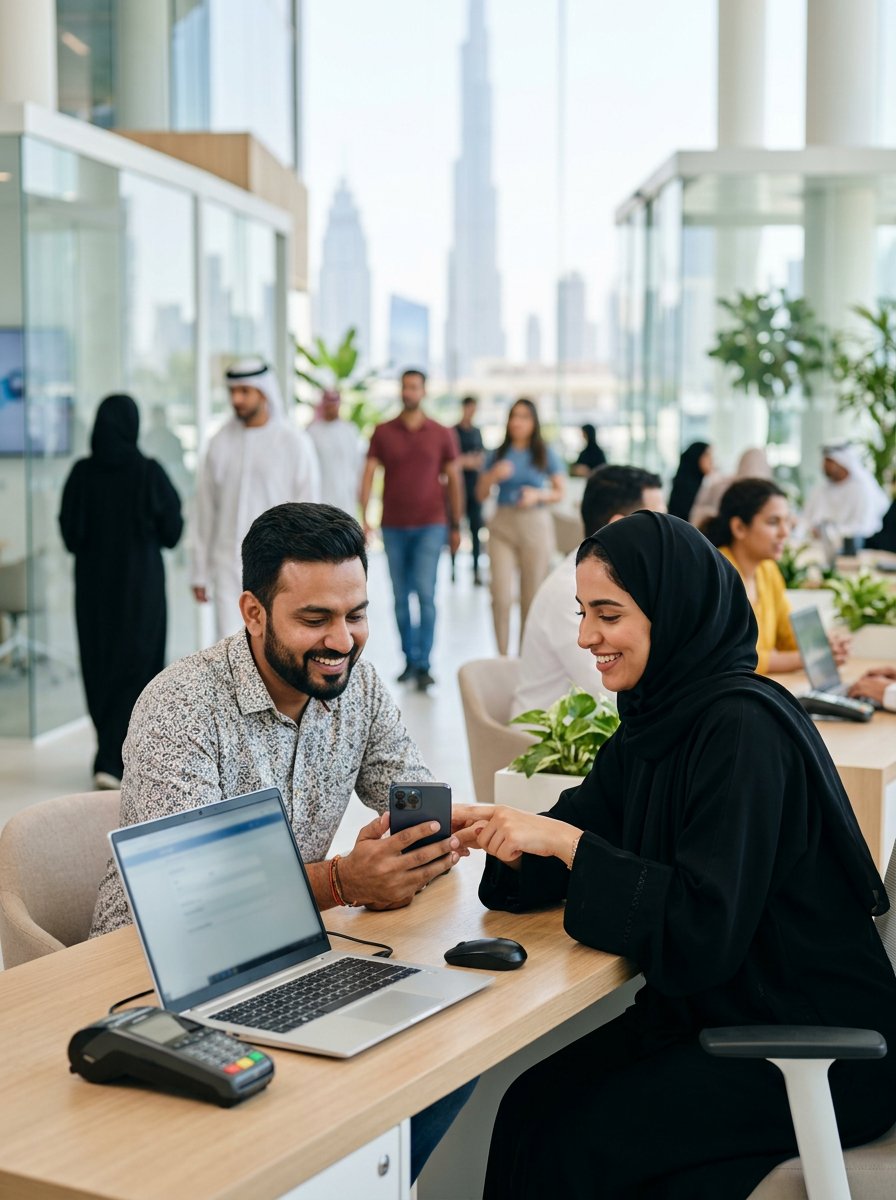 An advisor helping a customer with a phone at a bright UAE telecom help desk